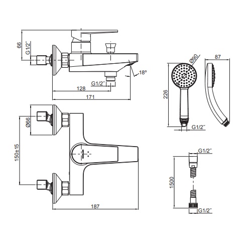 Kohler Taut Exposed Bath-shower Mixer K-74036T-4E2-CP Specification DRW