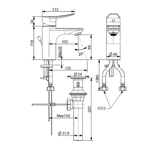 Milano Basin Mixer Specification Drawing FFAS0901-102500BF0